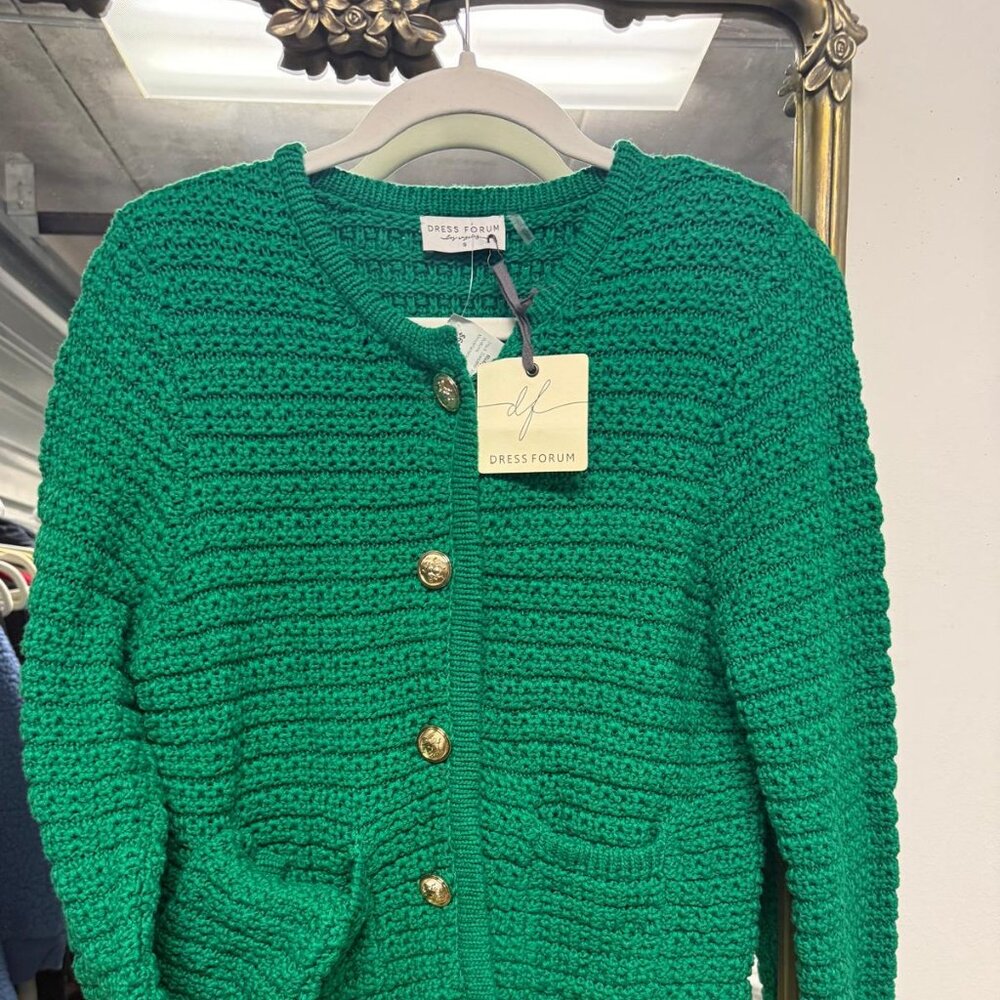 Dress Forum Green Textured Knit Cardigan Sweater – Gold Button Front NWT Size S